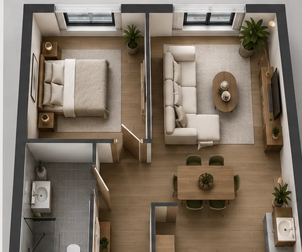 Vue 3D d’un appartement neuf — séjour, chambres et pièces de vie